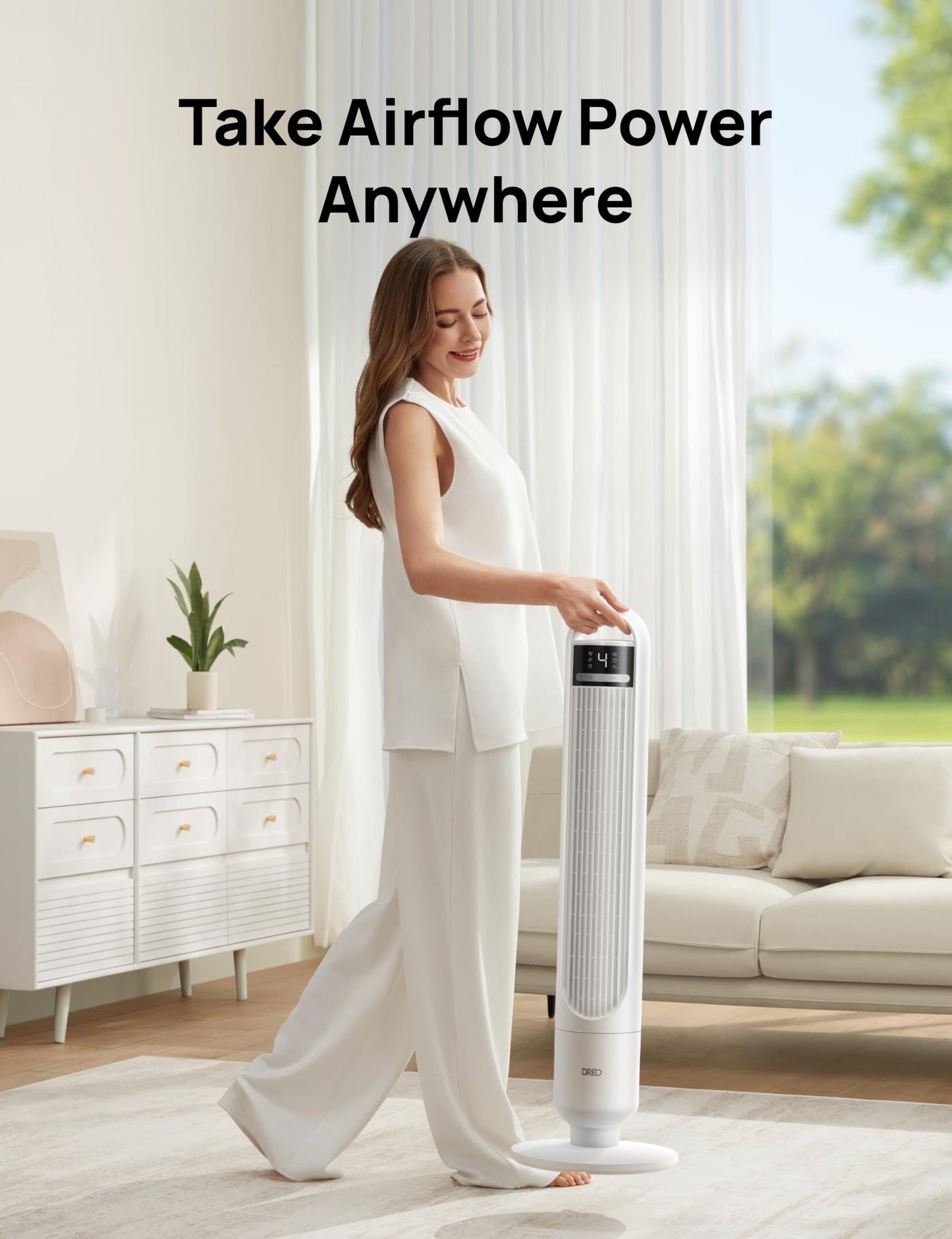 DREO Smart Tower Fan for Bedroom, 90° Oscillating Standing Fans for Room with 4 Speeds, 4 Modes, 25dB Quiet for Sleep, 25ft/s Velocity, 8H Timer, Remote/App/Voice Control for Living Room, Office, Home