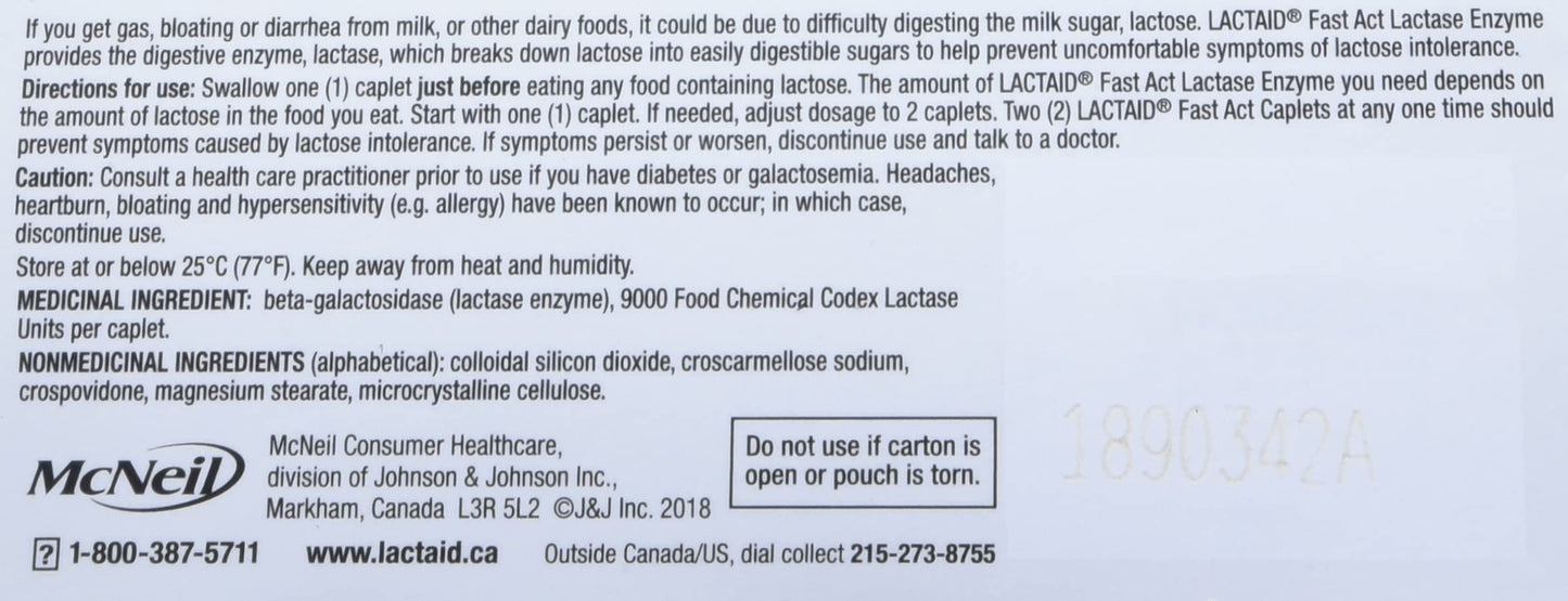 Lactaid Fast Acting Caplets - Lactose Enzyme Break Down - Gas, Bloating or Diarrhea - Milk & Dairy - 40 Caplets Per Package Lactaid