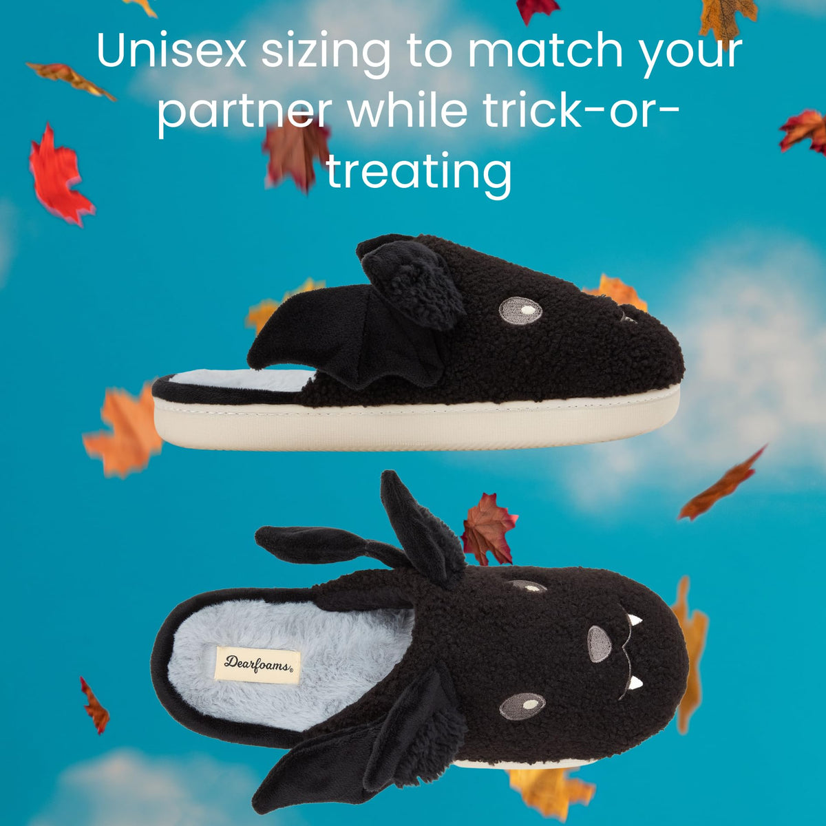 Dearfoams Unisex-Adult Spooky Fuzzy Halloween Pumpkin Jack O Lantern Slipper, Black Bat, 9-10 Women/7-8 Men
