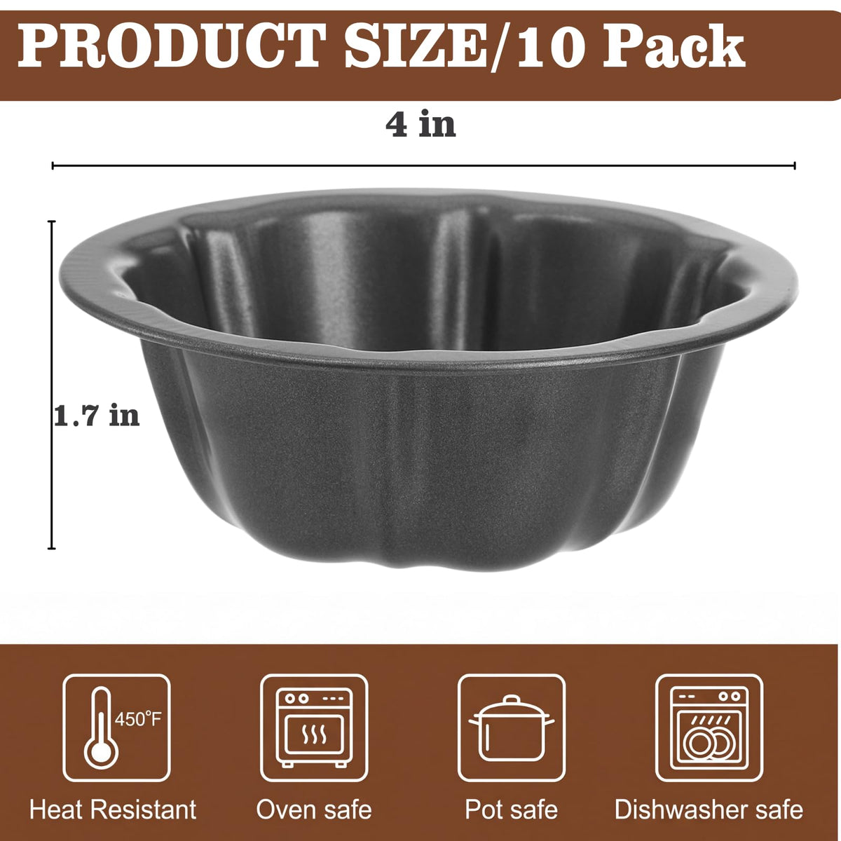 ZENFUN 10 Pcs Mini Flan Molds Pan, 4 Inches Fluted Cake Pan Nonstick, Carbon Steel Mini Flan Molds Pans, Cake Pans Reusable Tube Oven Baking Mold for Cupcake, Bread, Bavarois, Brownie 🍁 All In One Marketplace Canada