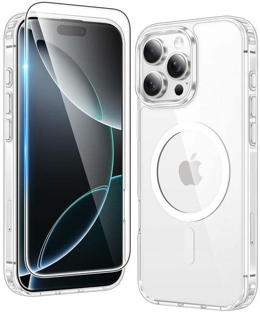 FNTCASE for iPhone 16 Pro Case: Clear Magnetic Phone Cases with Screen Protector Slim Anti Yellowing Rugged Shockproof Protective Transparent Cell Phone Cover (A-Clear Magnetic)