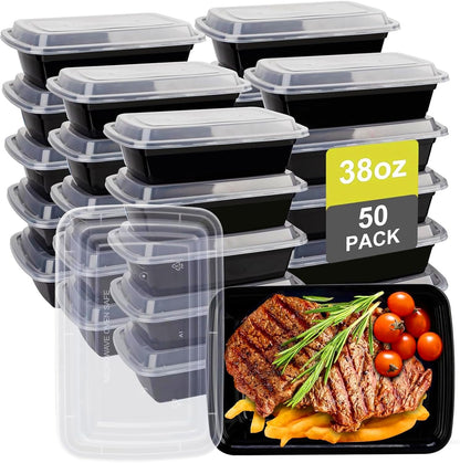 50 Pack Meal Prep Containers with Lids 38oz - Plastic Food Storage Containers with lids - Disposable Take out Containers with Lid for Meal Prep - BPA Free, Microwave/Dishwasher/Freezer Safe - Available at All In One Marketplace Canada
