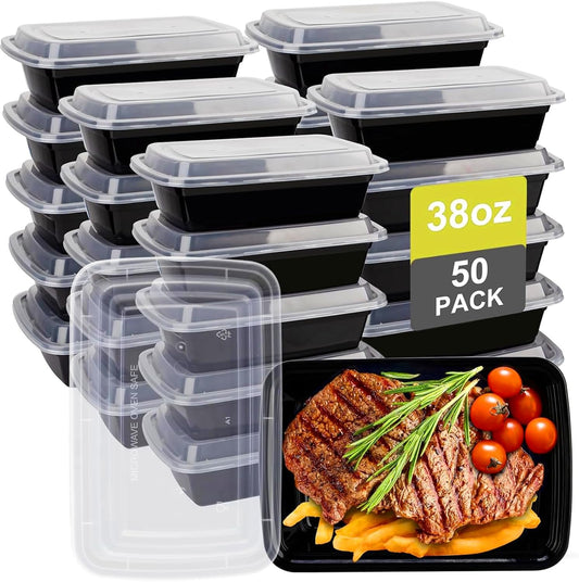 50 Pack Meal Prep Containers with Lids 38oz - Plastic Food Storage Containers with lids - Disposable Take out Containers with Lid for Meal Prep - BPA Free, Microwave/Dishwasher/Freezer Safe - Available at All In One Marketplace Canada