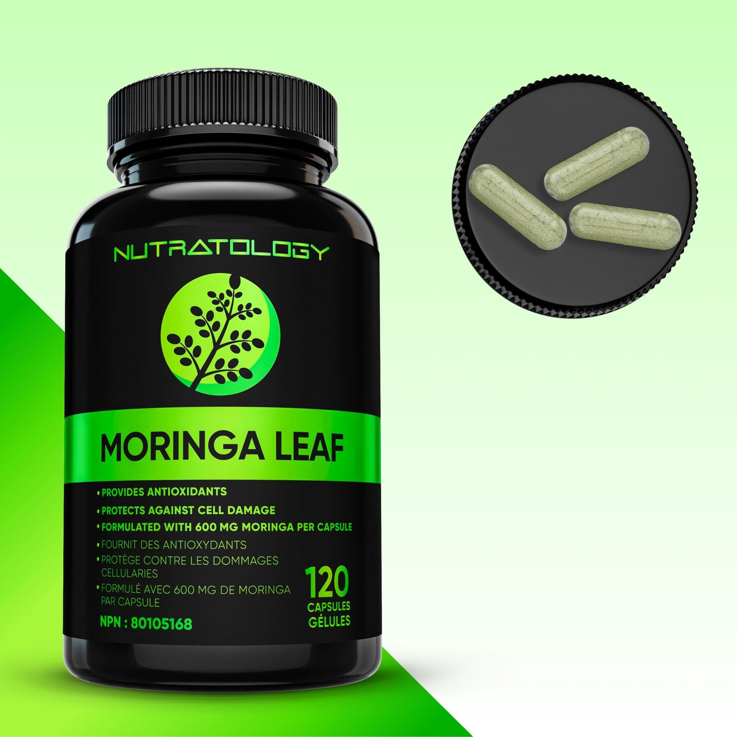 Nutratology® Organic Moringa Leaf Capsules | 1200MG Per Serving | Canadian-Made | Provides Powerful Antioxidants - Protects Against Cell Damage, Supports Liver Detox & Gut Health - 120 Caps - Available at All In One Marketplace Canada