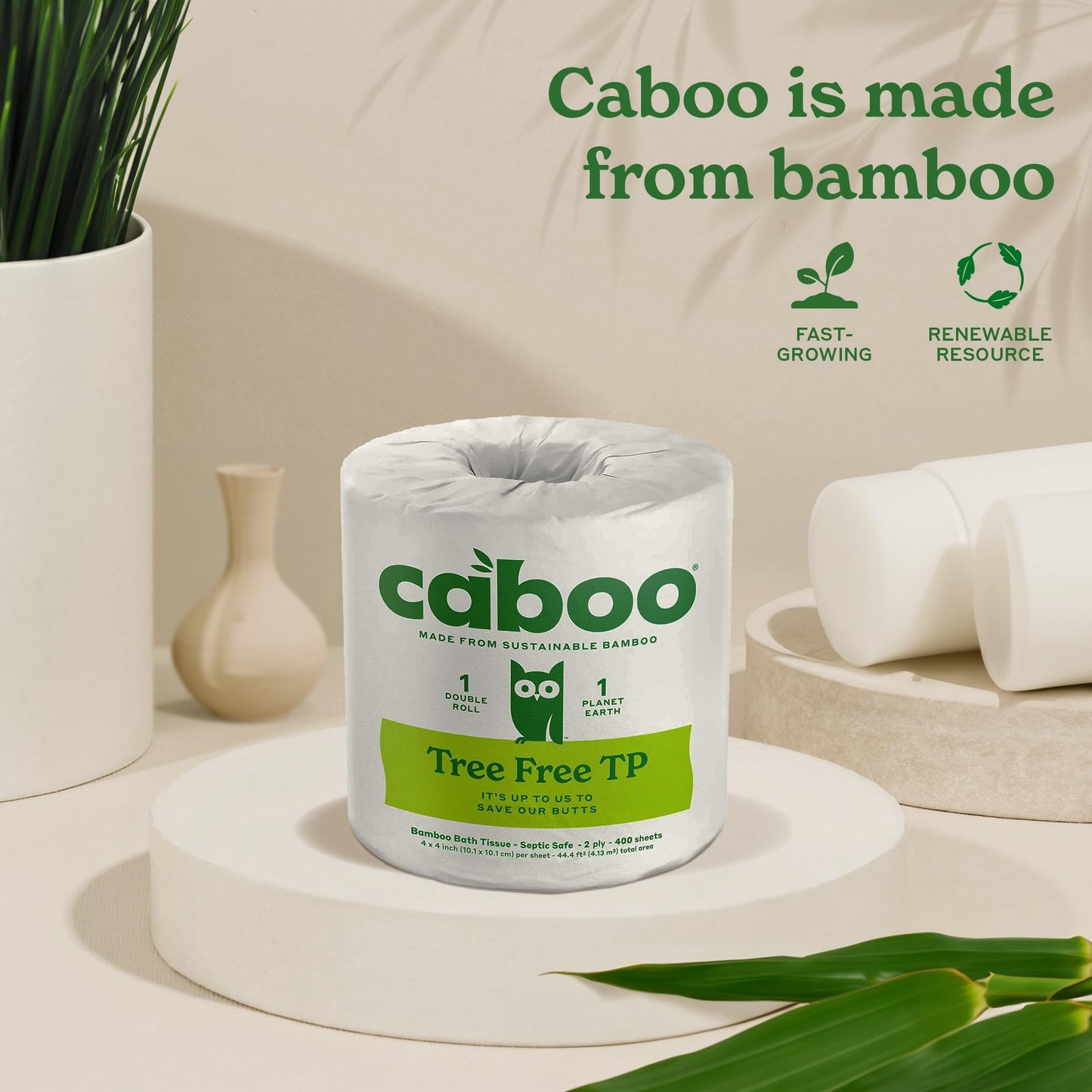 Caboo Tree-Free Toilet Paper, Septic Safe Bath Tissue, Eco Friendly Soft 2 Ply Sheets, 300 Sheets Per Roll, 16 Double Rolls - Available at All In One Marketplace Canada