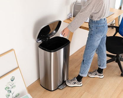 FDW 13 Gallon/50L Trash Can, Stainless Steel Kitchen Wastebaskets with Lid, Fingerprint-Proof, Slow Close for Office Bedroom Bathroom （Stainless Steel）