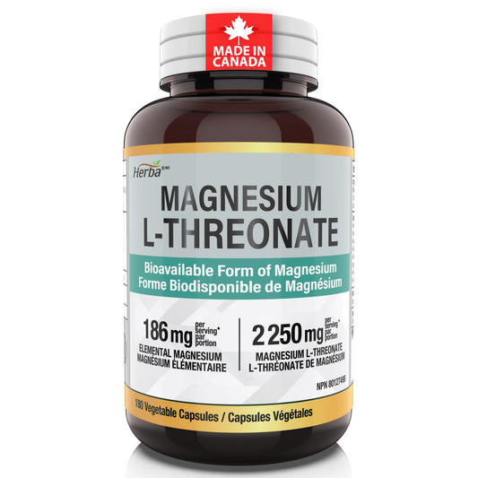 Herba Magnesium L-Threonate – 2,250mg of Magnesium L Threonate Per Serving (3 Capsules) - 186mg of Elemental Magnesium | Bioavailable Form of Magnesium Supplement | 90 Vegetable Capsules | Made in Canada - Available at All In One Marketplace Canada