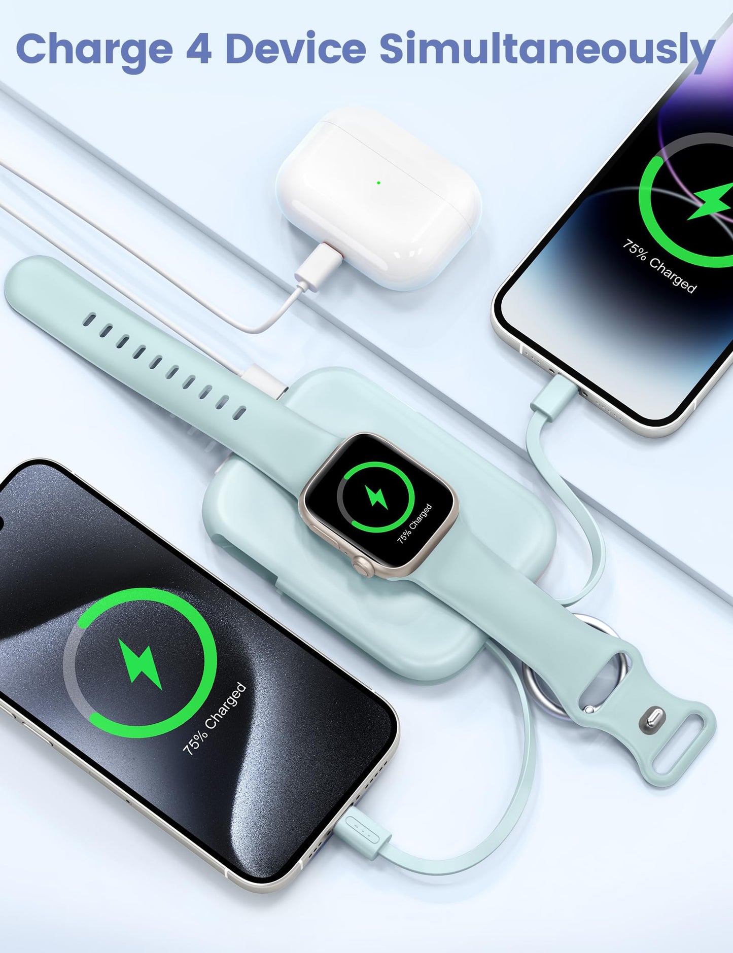 RORRY CharmGo Portable Charger, 5000mAh Portable Charger Power Bank with Built-in Cables, Travel Keychain Battery Pack for Apple Watch Ultra 3/2/10/9/8/Ultra/7/6/SE, iPhone 17/16/15, Blue