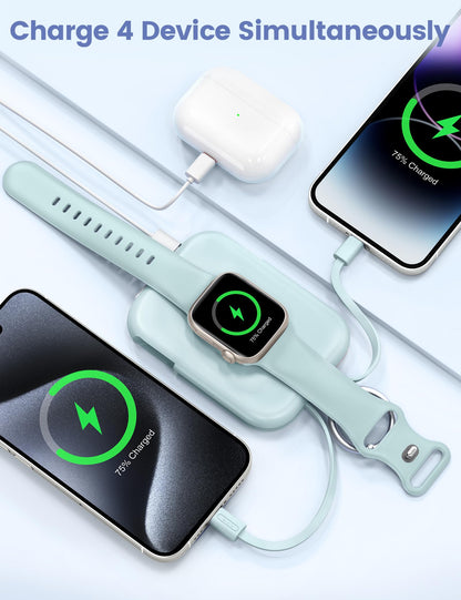RORRY CharmGo Portable Charger, 5000mAh Portable Charger Power Bank with Built-in Cables, Travel Keychain Battery Pack for Apple Watch Ultra 3/2/10/9/8/Ultra/7/6/SE, iPhone 17/16/15, Blue