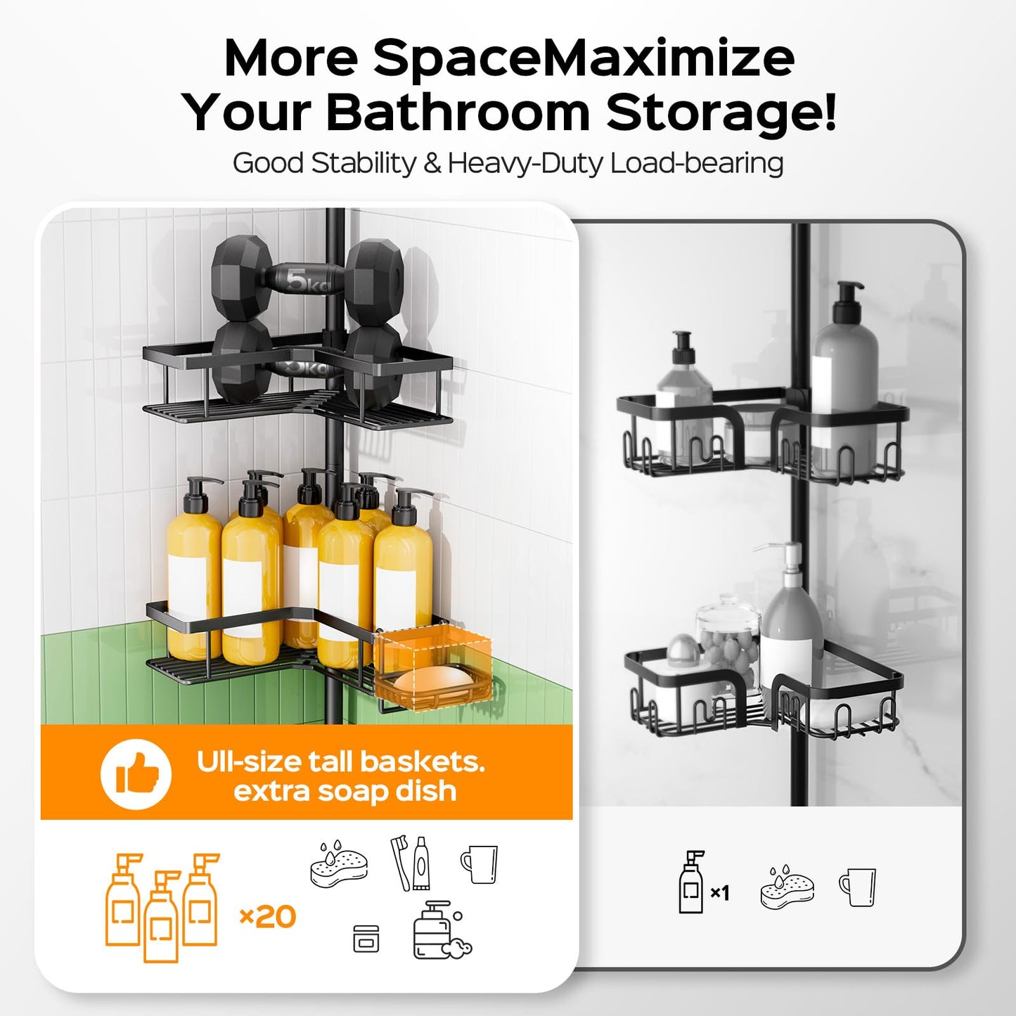 HAMITOR Corner Shower Caddy Tension Pole: Sturdy Stainless Steel Shower Organizer - 4-Tier Adjustable Large-Capacity Shower Shelf- No Drill Bathroom Organizers For Small Bathrooms - 47-121inch - Available at All In One Marketplace Canada