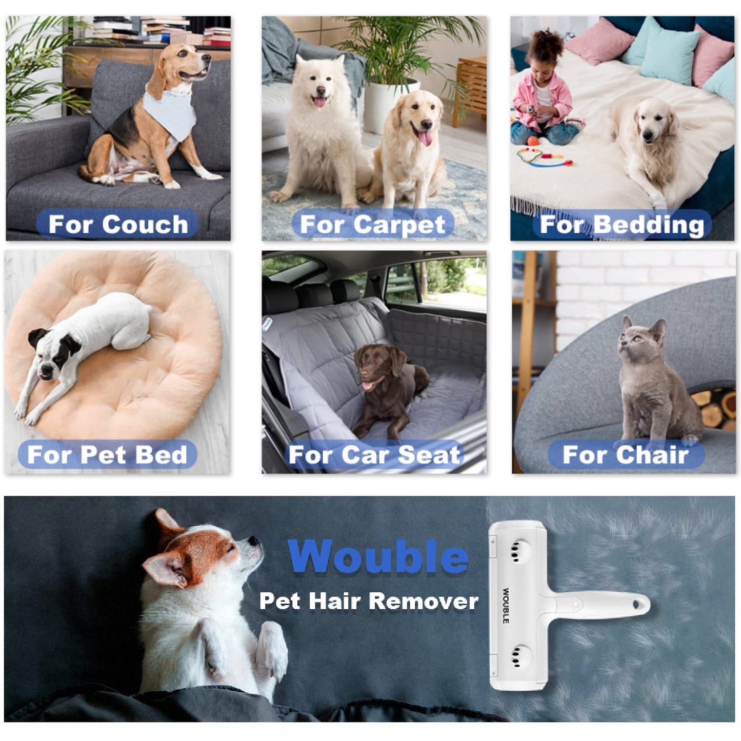 Wouble Pet Hair Remover Roller, Reusable Lint Roller for Pet Hair,Self Clean Dog Cat Fur Removal Brush, from Carpet, Furniture, Rugs, Laundry, Bedding, Sofa-White - Available at All In One Marketplace Canada