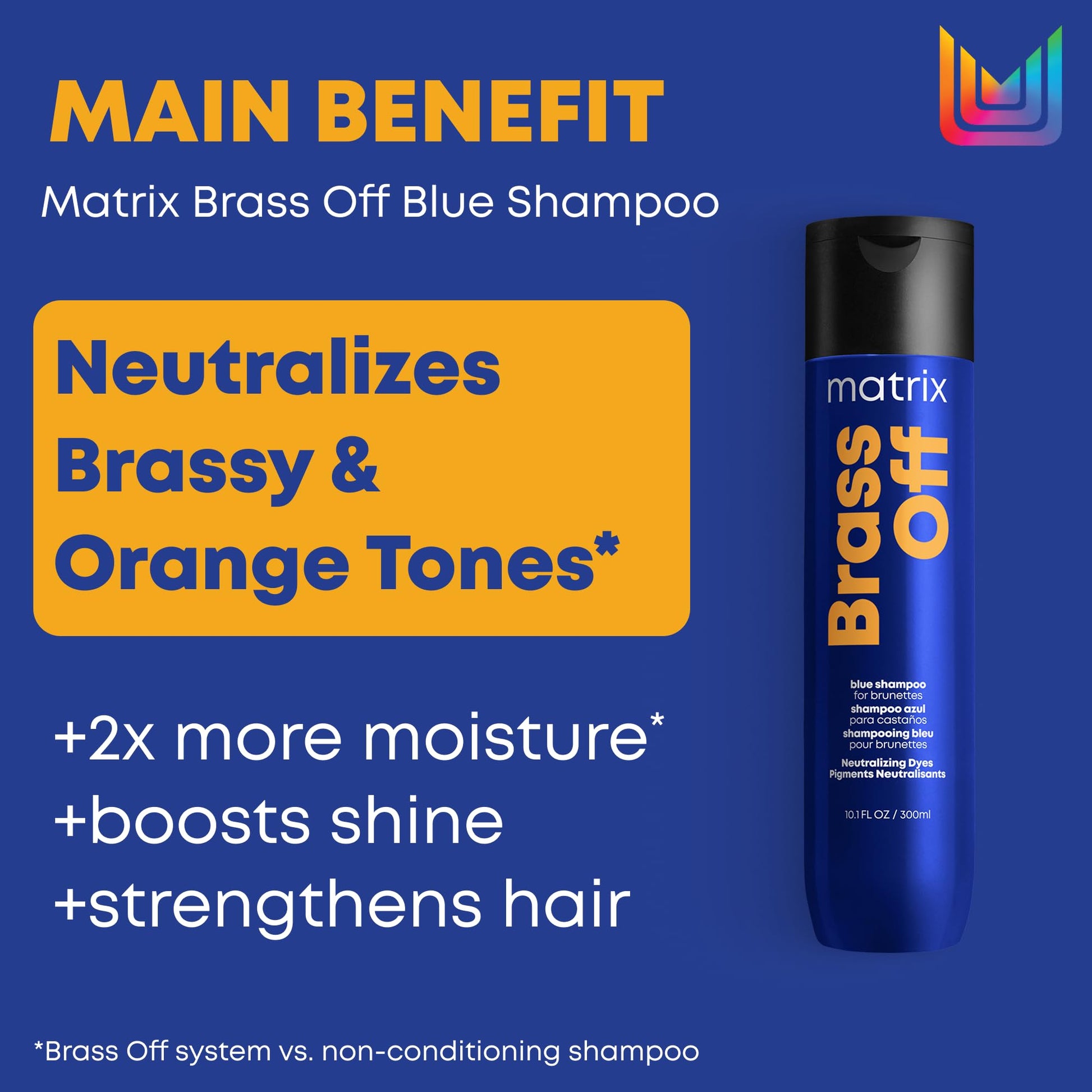 Matrix Brass Off Blue Shampoo, Neutralizes Brassy Orange Undertones, Tones Brunette, Brown & Dark Blonde Hair, Color Depositing, Pigmented Salon Formula, Vegan, Packaging May Vary - Available at All In One Marketplace Canada