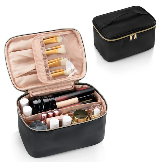 Makeup Bag, Portable Cosmetic Bag, Large Capacity Travel Makeup Case Organizer for Women and Girls, Train Case Makeup Bag for Toiletries for Traveling with Handle and Divider, Black - Available at All In One Marketplace Canada