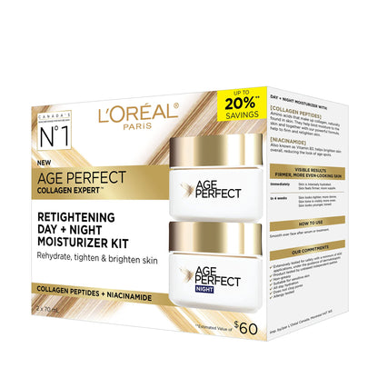 L'Oréal Paris Day & Night Face Moisturizer Cream Skincare Kit (2-Piece), Age Perfect Collagen Expert, with Collagen Peptides + Niacinamides, For Mature Skin, Suitable for Sensitive Skin Skincare kit, 2 x 70 ml L'Oreal Paris