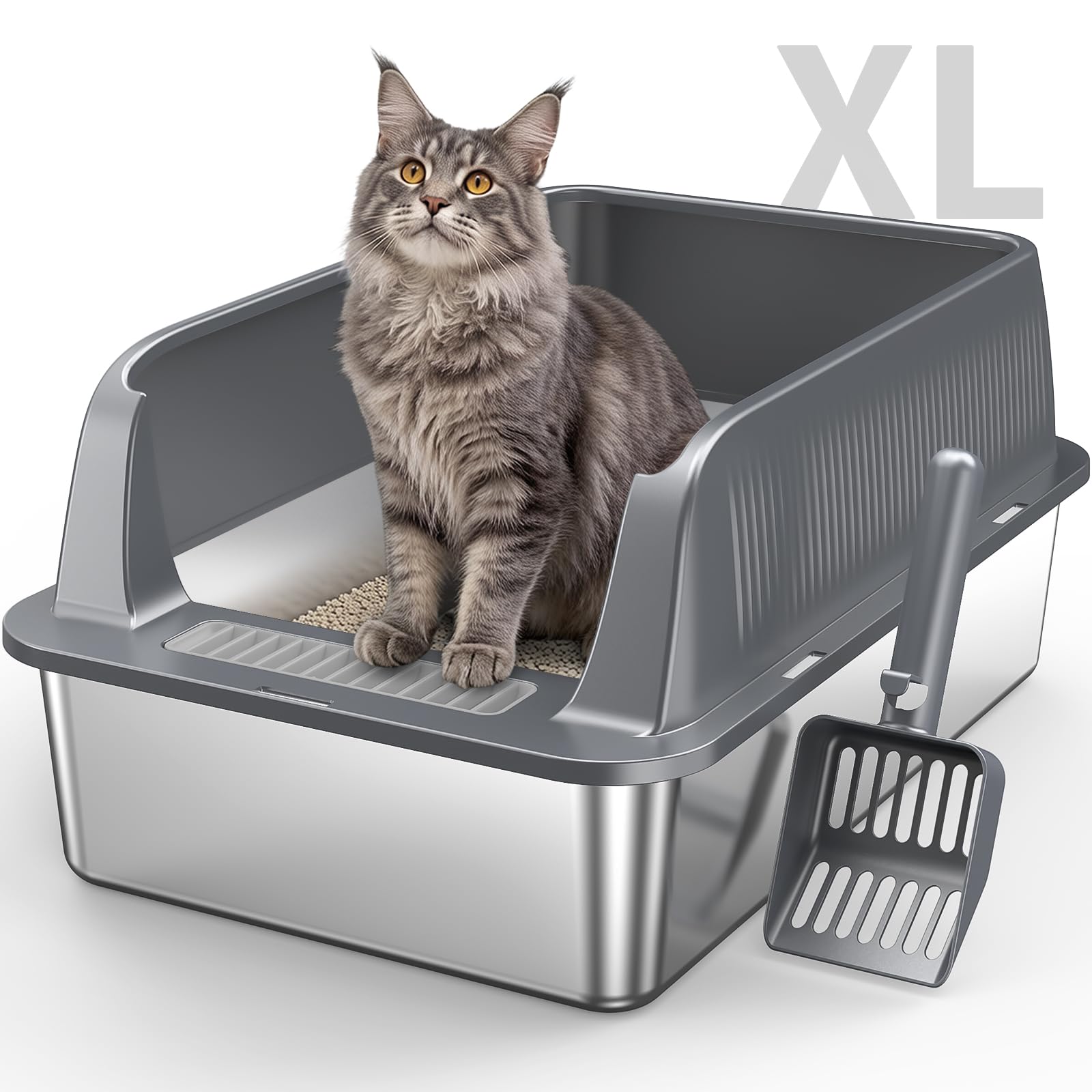 XL Stainless Steel Cat Litter Box with High Sides Lid, Large Litter Box for Big&Multiple Cats, Metal Kitty Litter Boxes with Anti-Leakage Enclosure,Non-Stick,Scoop Included - Available at All In One Marketplace Canada