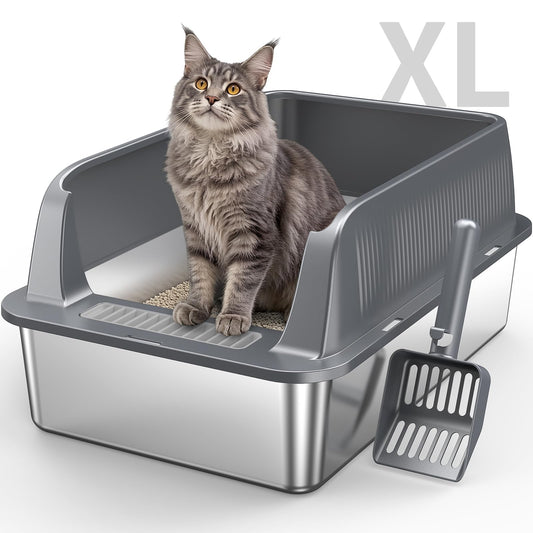 XL Stainless Steel Cat Litter Box with High Sides Lid, Large Litter Box for Big&Multiple Cats, Metal Kitty Litter Boxes with Anti-Leakage Enclosure,Non-Stick,Scoop Included - Available at All In One Marketplace Canada