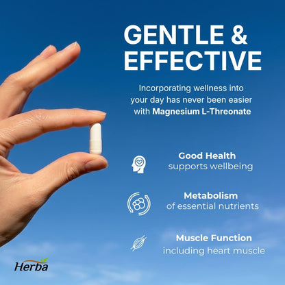 Herba Magnesium L-Threonate – 2,250mg of Magnesium L Threonate Per Serving (3 Capsules) - 186mg of Elemental Magnesium | Bioavailable Form of Magnesium Supplement | 90 Vegetable Capsules | Made in Canada - Available at All In One Marketplace Canada