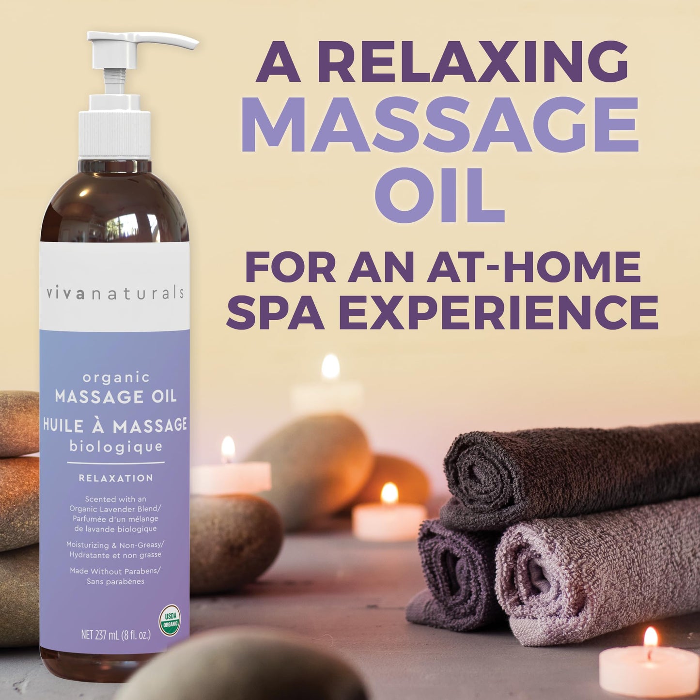 Viva Naturals Organic Massage Oil Scented (8 fl. oz.) - Non-Greasy Relaxation Scented Massage Oil with Mess-Free Pump, Moisturizing Proprietary Lavender Blend Body Oil, Non-GMO and Certified Organic, 237 mL 🍁 All In One Marketplace Canada