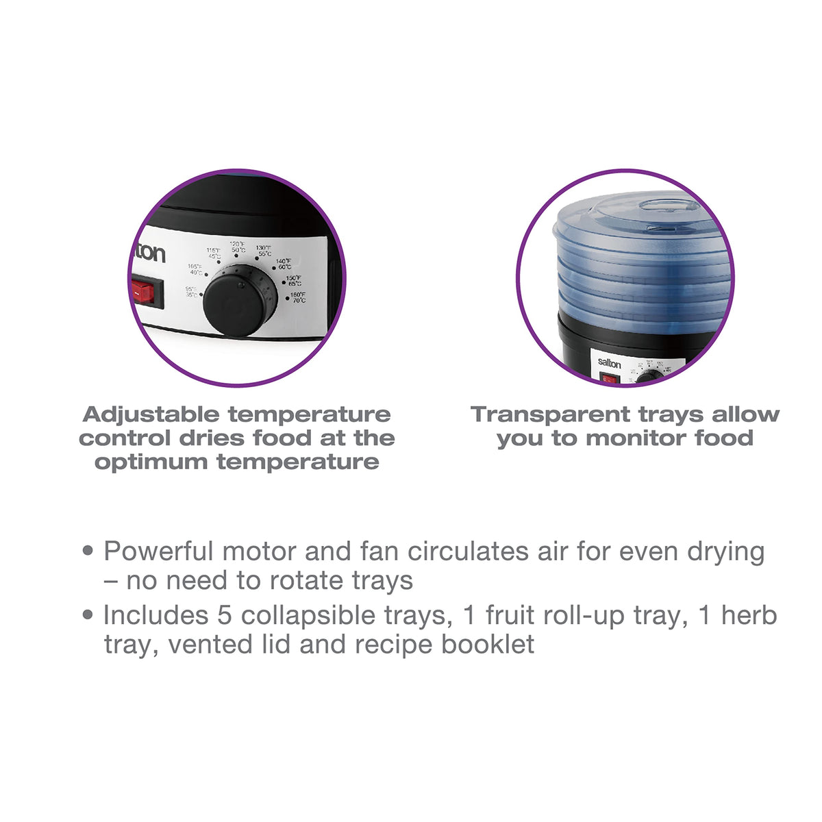 Salton Electric Food Dehydrator for Fruit and Jerky With Adjustable Temperature Control, Black