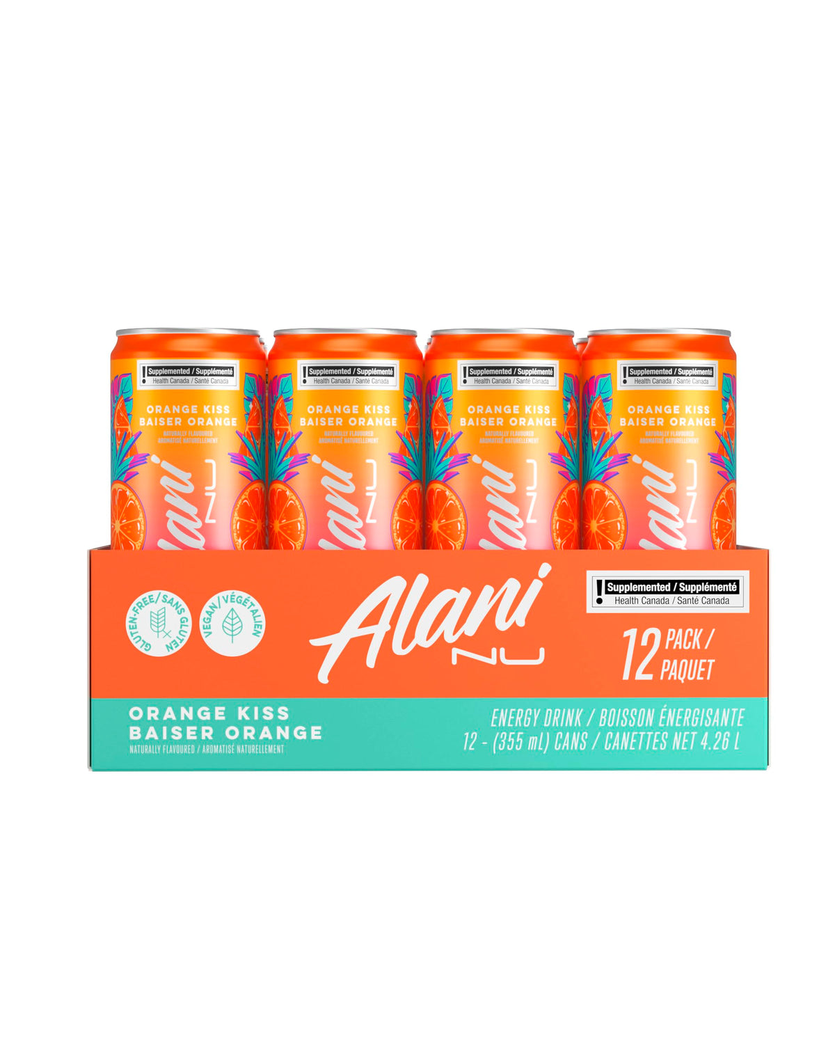 Alani Nu ORANGE KISS Sugar-Free, Low Calorie Energy Drinks | 140mg Caffeine | Zero Sugar | 15 Calories or Less | 355 mL Cans (12 Pack)