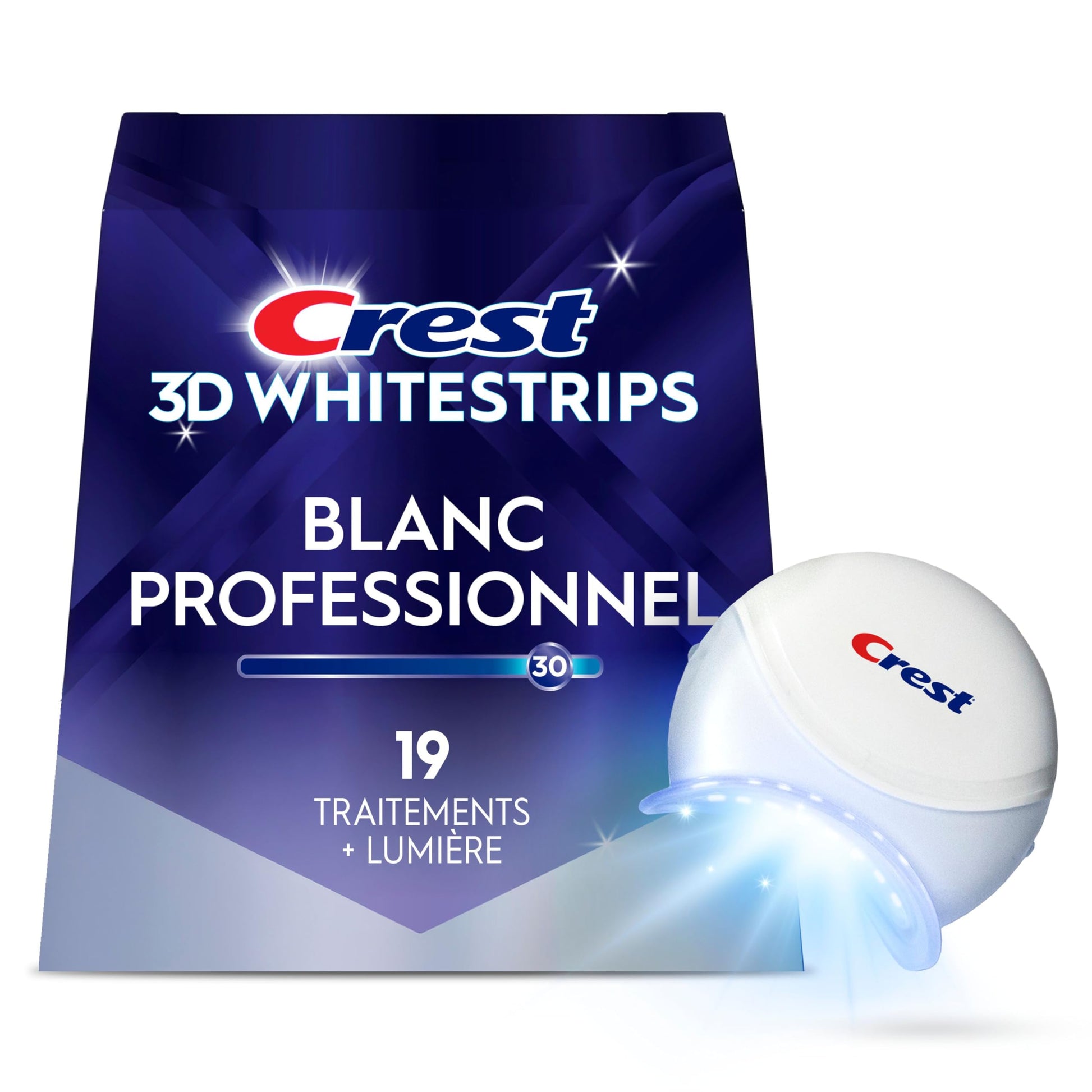 Crest 3D Whitestrips Professional White + Whitening Light At-Home Teeth Whitening Kit, 19 Treatments + Light, 30 Levels Whiter