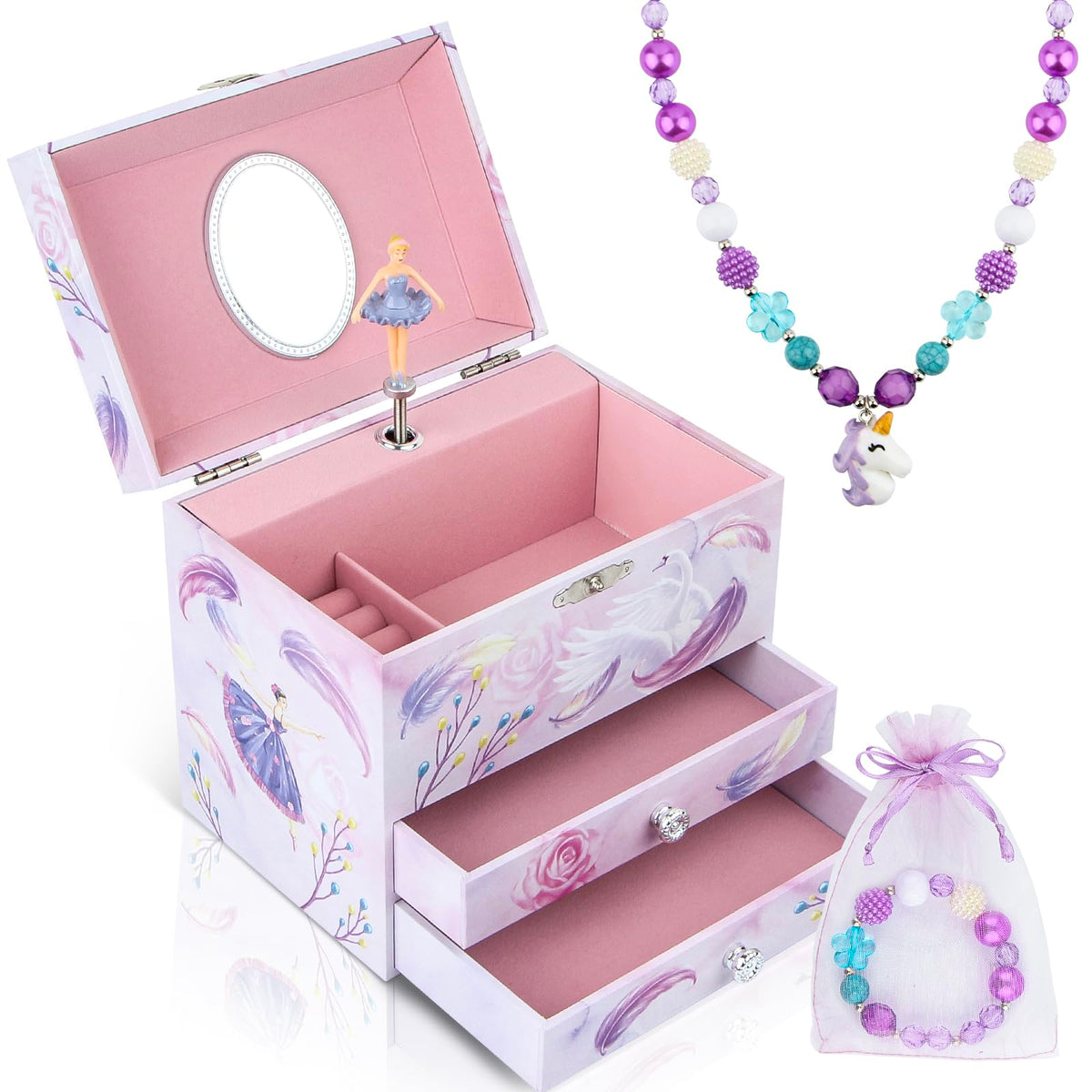 Homtibrm Musical Jewellery Box For Girls - Large Kids Jewellery Music Box with 2 Pullout Drawers & Unicorn Jewellery Set, Great Birthday Gifts for Girls Christmas Gifts (Pink Ballerina) 🍁 All In One Marketplace Canada