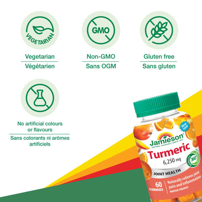 Jamieson Turmeric Gummies Mango Orange Flavour, Provides Natural Joint Pain Relief and Supports Inflammation, Potent Antioxidant. Vegetarian, Non-GMO, Gluten-Free, No Artificial Colours, or Flavours, 60 Count, Proudly Canadian - Available at All In One Marketplace Canada