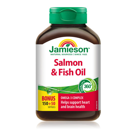 Jamieson Salmon and Fish Oil 1,000 mg Softgels, Bonus Size, Supports Heart and Brain Health. With Wild Salmon, EPA and DHA, Non-GMO, Gluten-Free, 200 Count, Proudly Canadian - Available at All In One Marketplace Canada