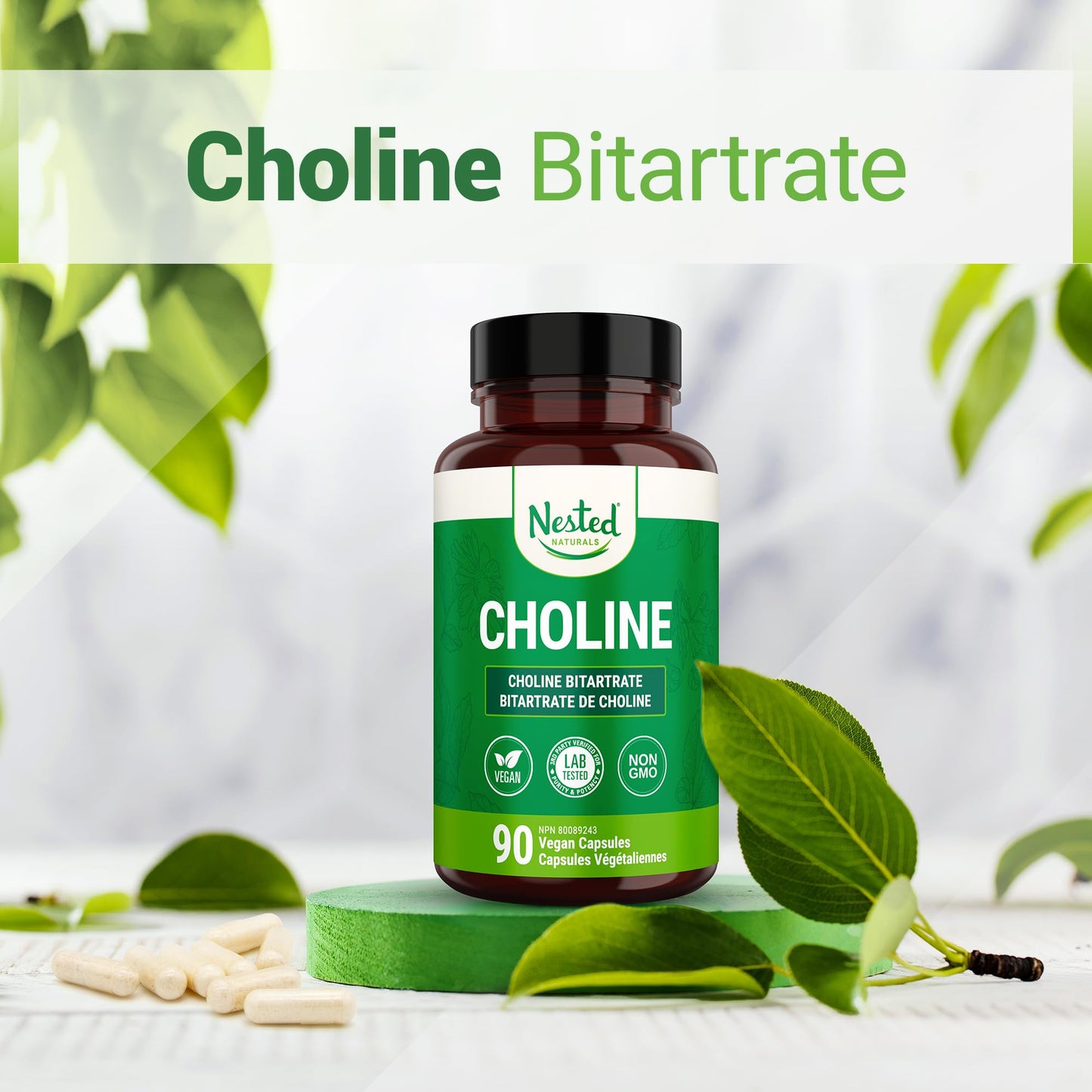 Nested Naturals Choline Bitartrate 500mg Per 2 Capsules | High Potency Choline Supplements | Supports Cognitive & Liver Function | 100% Vegan & Non-GMO Choline | 90 Vegan Capsules - Available at All In One Marketplace Canada