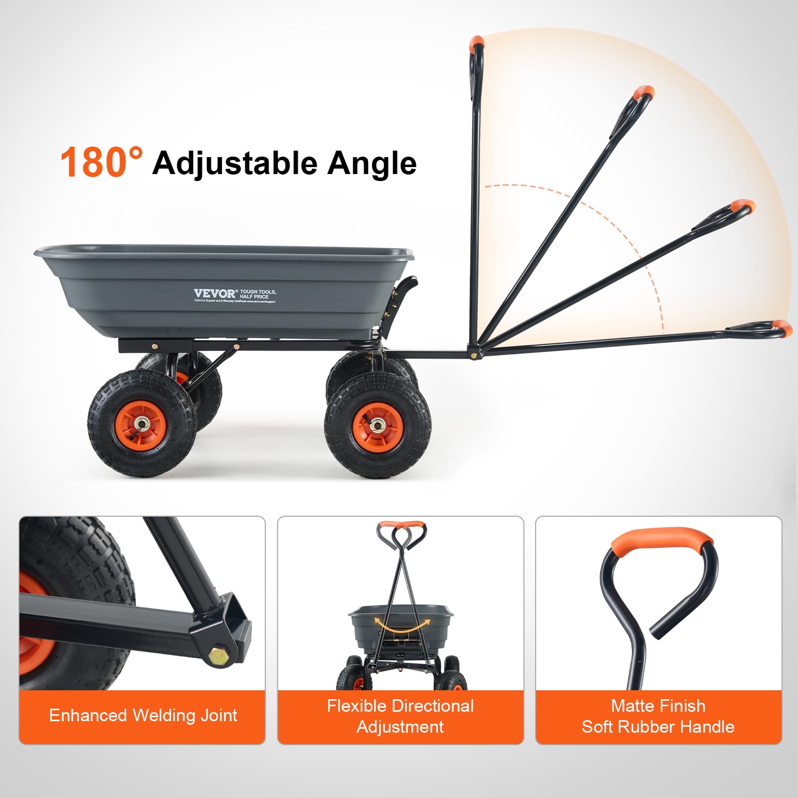 VEVOR Dump Cart, Poly Garden Dump Cart with Easy to Assemble Steel Frame, Dump Wagon with 2-in-1 Convertible Handle, Utility Wheelbarrow 600 lbs Capacity, 10 inch Tires VEVOR