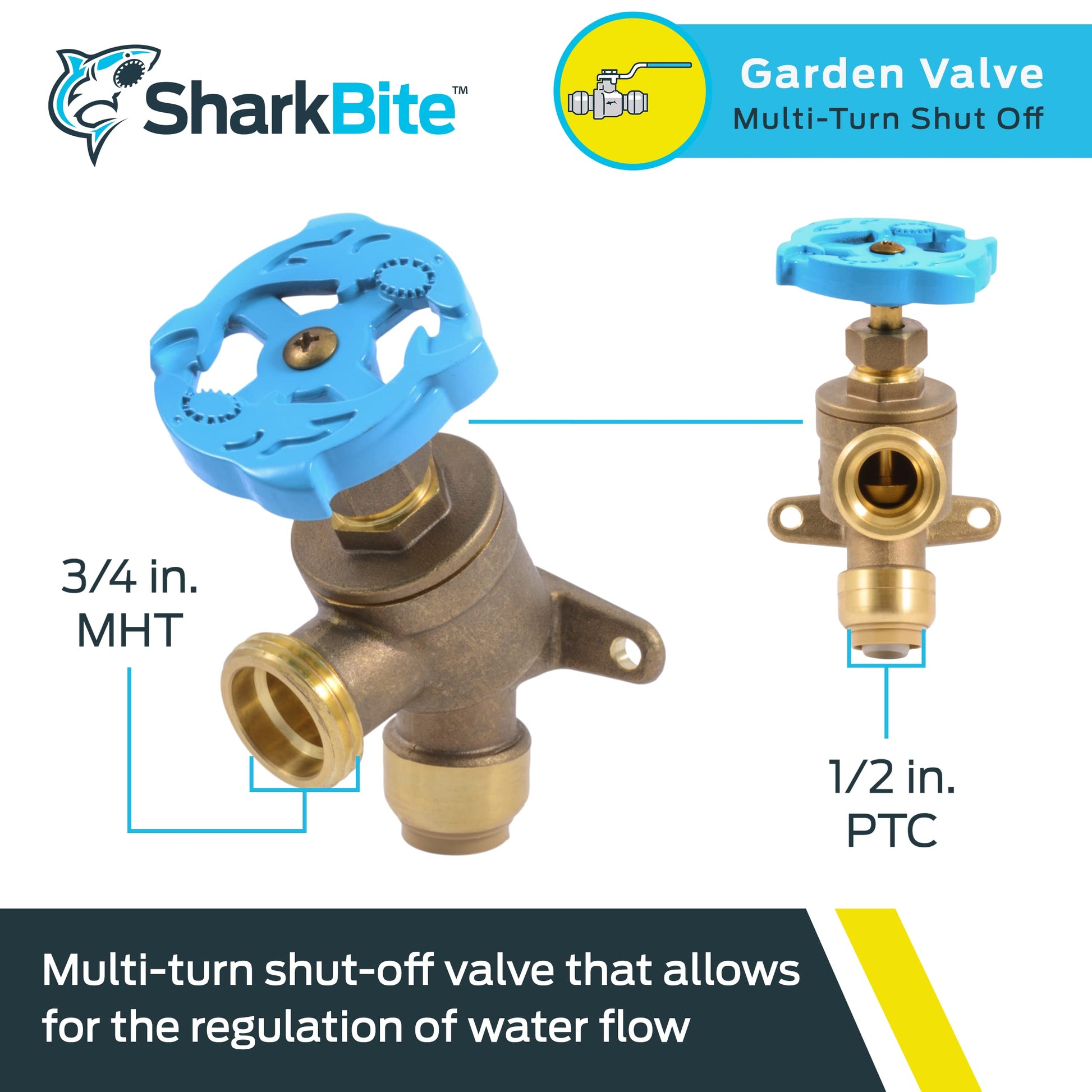 SharkBite 1/2 Inch x 3/4 Inch MHT Garden Valve, Multi Turn, Push to Connect Brass Plumbing Fitting, PEX Pipe, Copper, CPVC, PE-RT, HDPE, 24622LF SharkBite