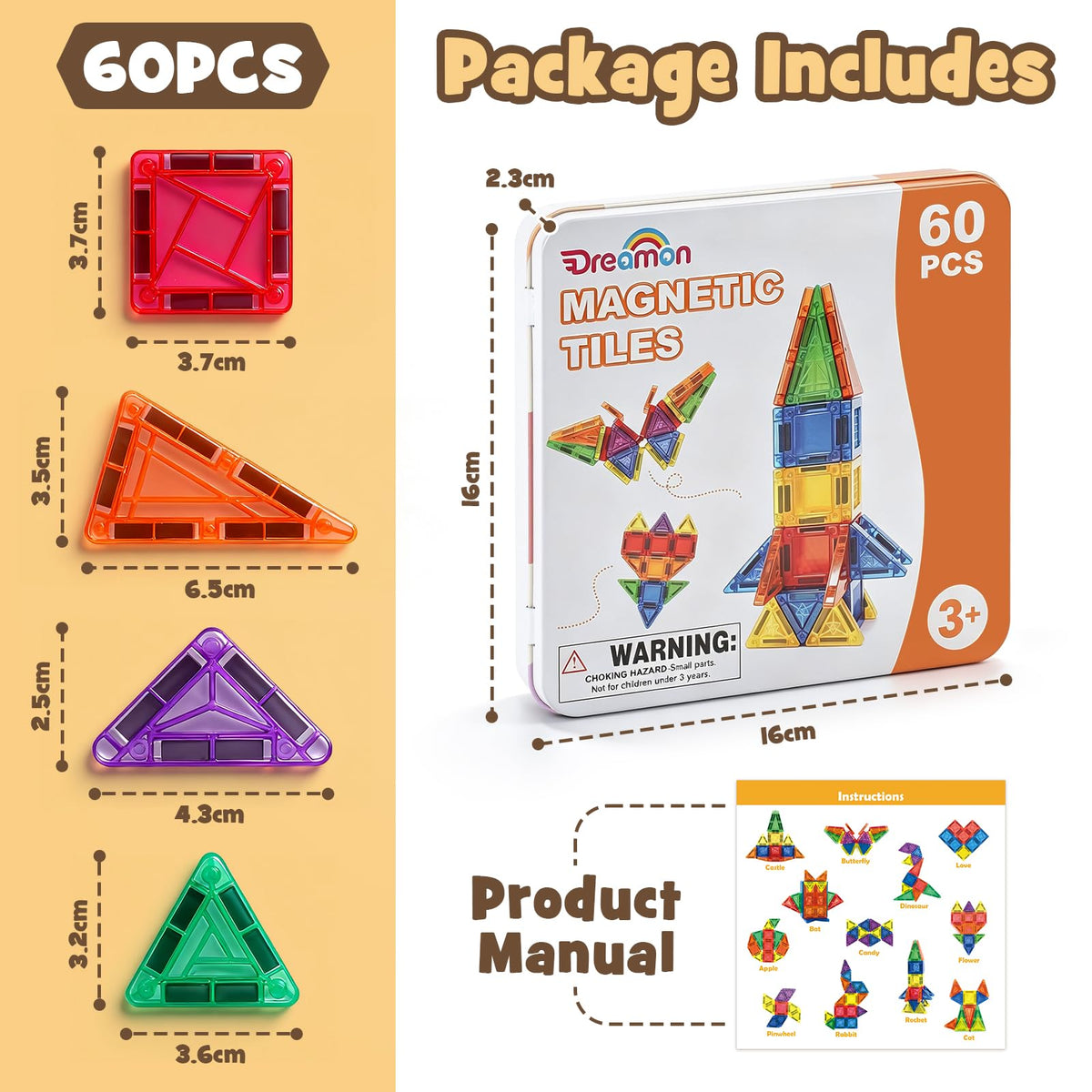 Dreamon 60PCS Mini Magnetic Tiles Travel Magnetic Tiles for Kids with Tin Box Building Toy Christmas Birthday Gift Boys Girls Age 3 4 5 6 7 8 Years Old 🍁 All In One Marketplace Canada