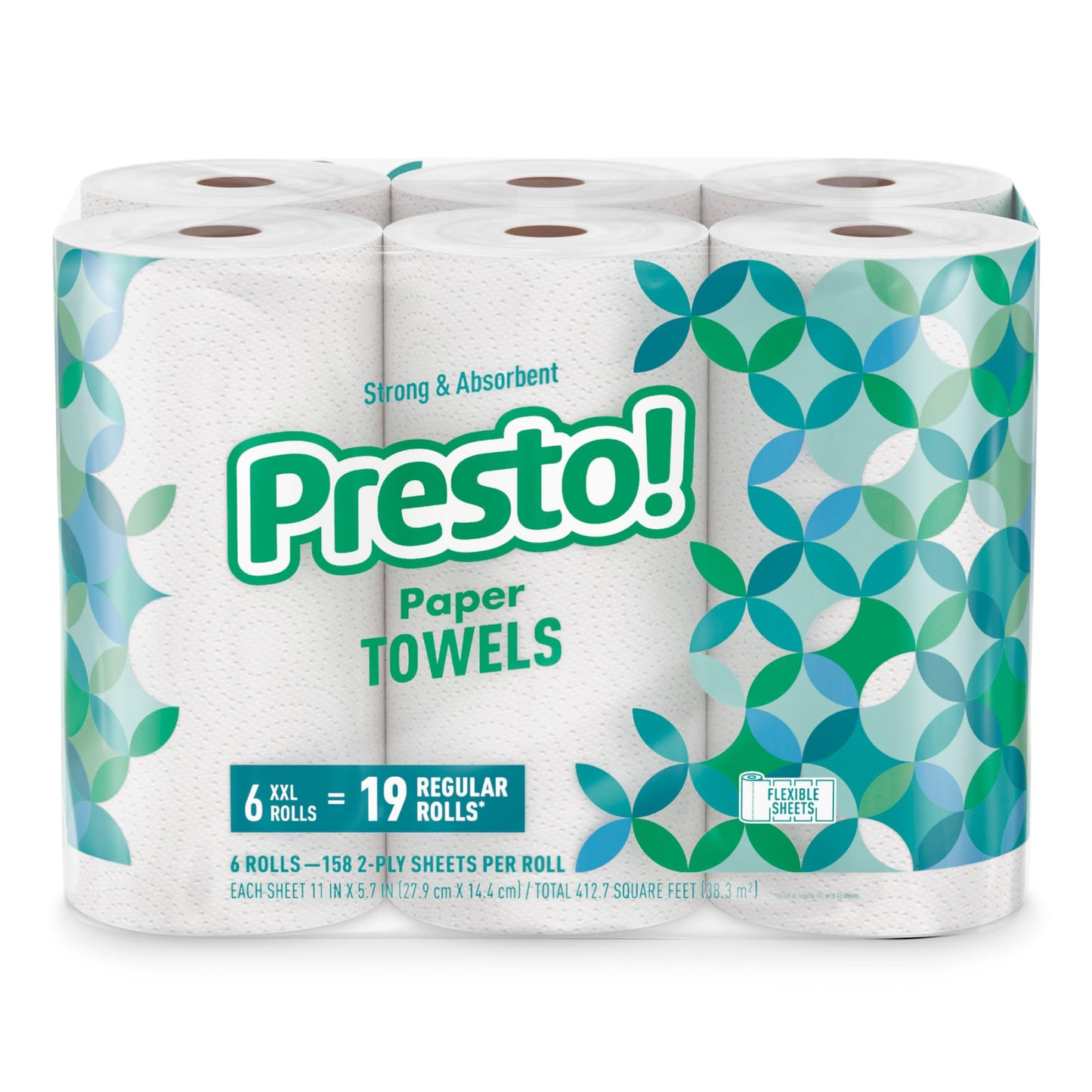 Amazon Brand - Presto! Flex-a-Size Paper Towels, 158-Sheet Huge Roll, 6 Count (Pack of 1), 6 Huge Rolls = 19 Regular Rolls Presto!