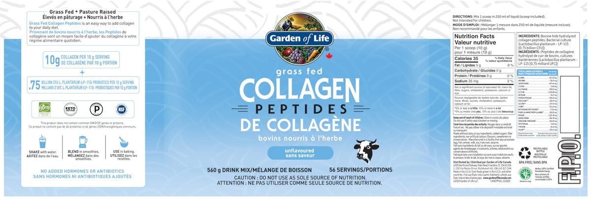 Garden of Life Grass Fed Collagen Peptides Powder, Unflavoured 560 g, 56 Servings, 10 g Collagen per Serving, Non-GMO Verified, Gluten Free, Paleo & Keto Friendly.