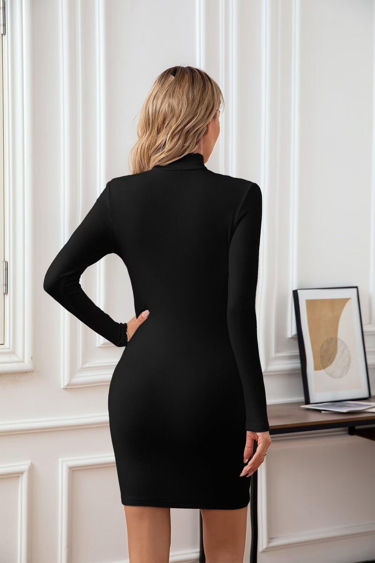 VICHYIE Women Mock Neck Ribbed Knit Long Sleeve Mid-Thigh Dress Black M 🍁 All In One Marketplace Canada