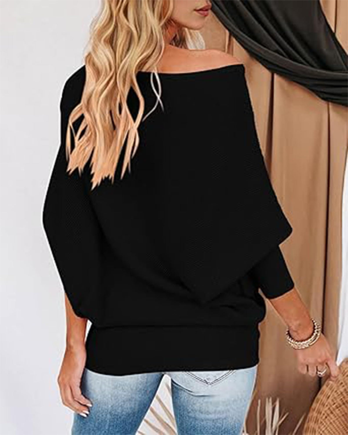 BTFBM Off The Shoulder Tops for Women Loose Knit Boat Neck Sweaters Black 🍁 All In One Marketplace Canada