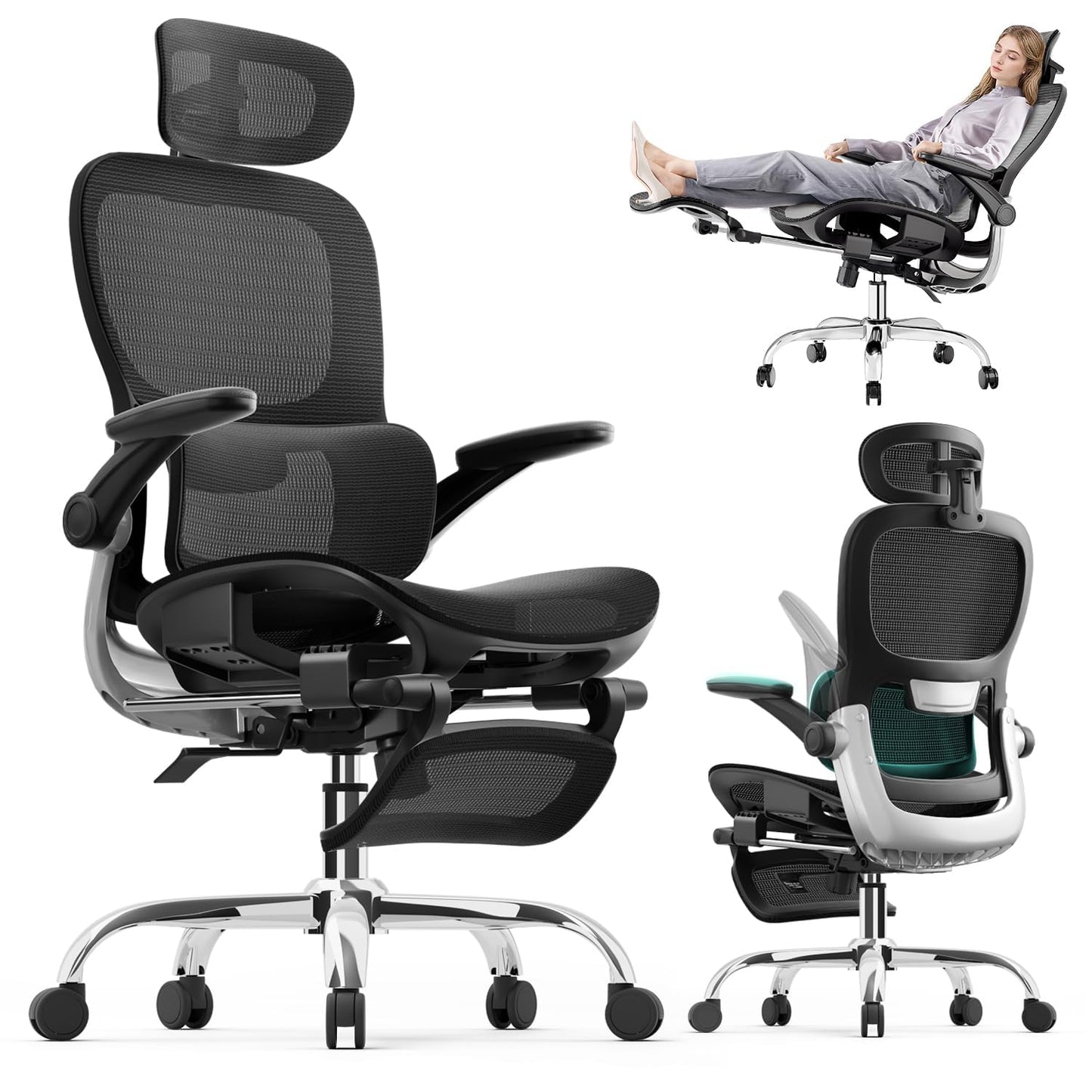 Ergonomic Office Chair,Office Chair with Tilt Function,Mesh Office Chair with Footrest,Ergonomic Chair with Adaptive Backrest, Adjustable Headrest and Flip-Up Armrests - Available at All In One Marketplace Canada