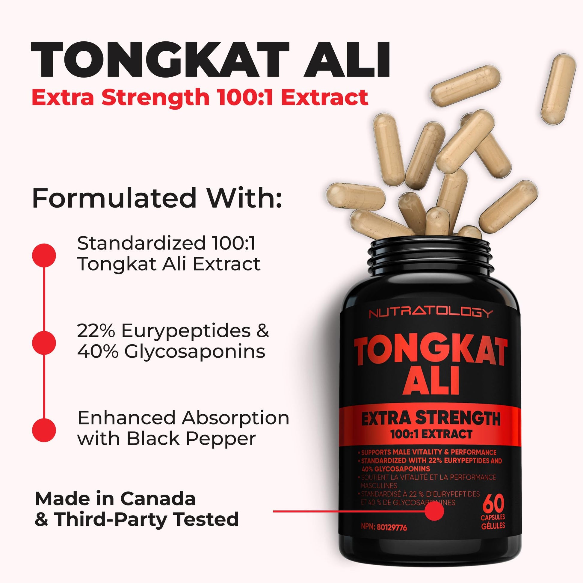 Nutratology® Tongkat Ali Supplement For Men | Canadian Made | 100:1 Extra Strength Tongkat Ali Extract + Black Pepper | Supports Male Vitality & Performance | 60 Capsules - Available at All In One Marketplace Canada