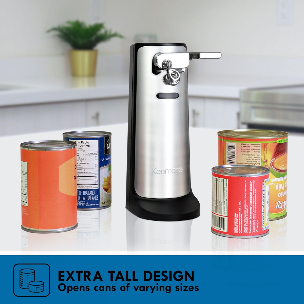 Kenmore Electric Can Opener - Hand Friendly, Bottle Opener, Knife sharpener, Latas Abrelatas, Cord Storage, Automatic Countertop appliance Stainless Steel detachable cutting lever