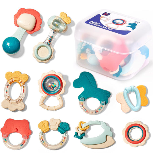 hahaland Baby Teething Toys, Infant Newborn Toys 0-3 3-6 Months, Silicone Babies Teether Rattles, Baby Shower Gifts for Newborn Boys Girls, 10 Pcs with Storage Box for 0 Months+ - Available at All In One Marketplace Canada