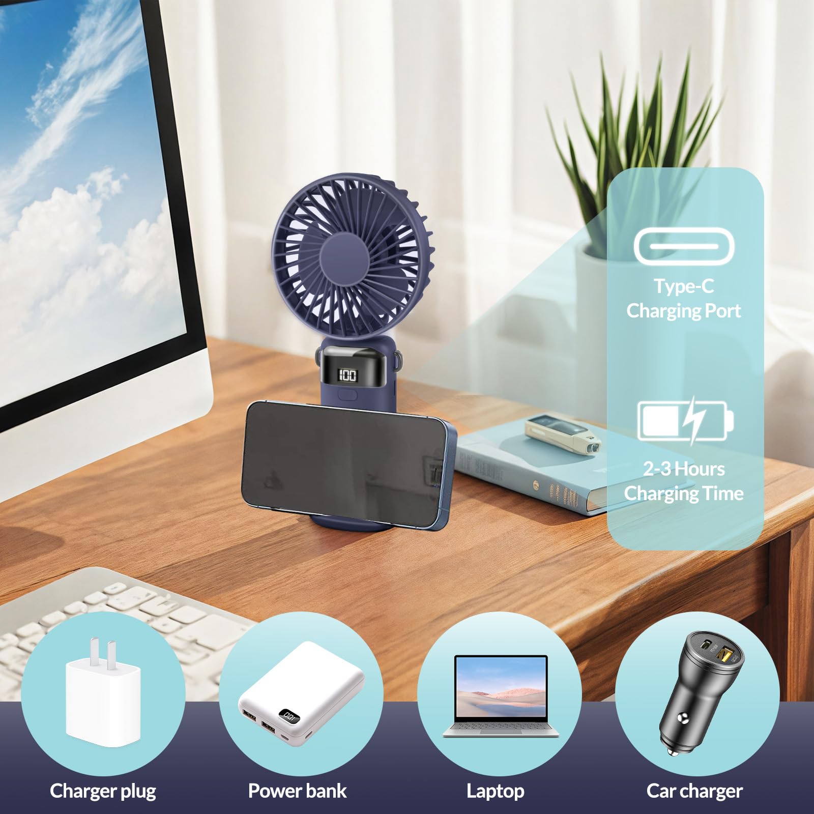 Portable Handheld Fan Rechargeable Small Fan 5 Speeds with Lanyard and Base USB Desk Fan Foldable Quiet Personal Fan with LED Display for Office, Home, Travel, Outdoor - Available at All In One Marketplace Canada