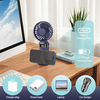 Portable Handheld Fan Rechargeable Small Fan 5 Speeds with Lanyard and Base USB Desk Fan Foldable Quiet Personal Fan with LED Display for Office, Home, Travel, Outdoor - Available at All In One Marketplace Canada