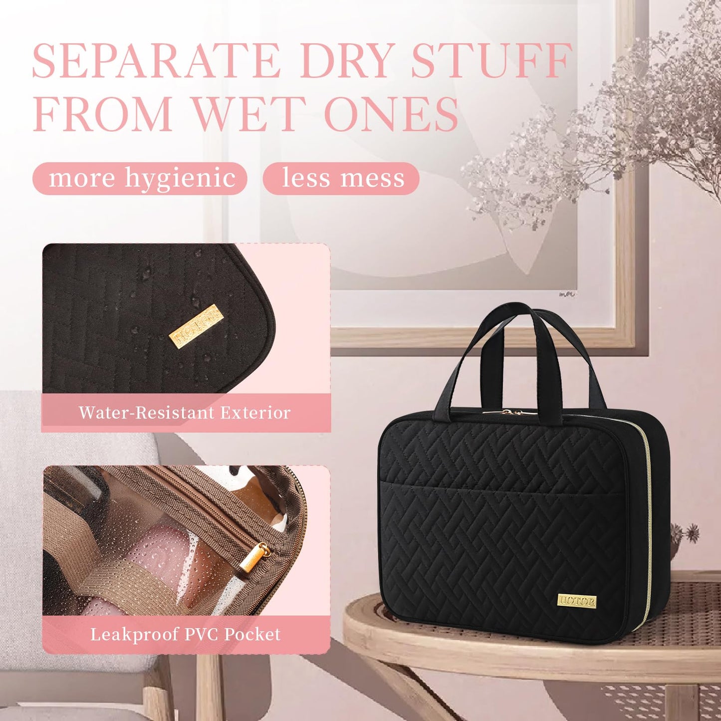 HOTOR Travel Toiletry Bag - Toiletry Bag w/Hanging Hook for Women & Men, Makeup Bag/Big Comparment, Waterproof for Travel Accessories, Travel Essentials, Small, Black - Available at All In One Marketplace Canada
