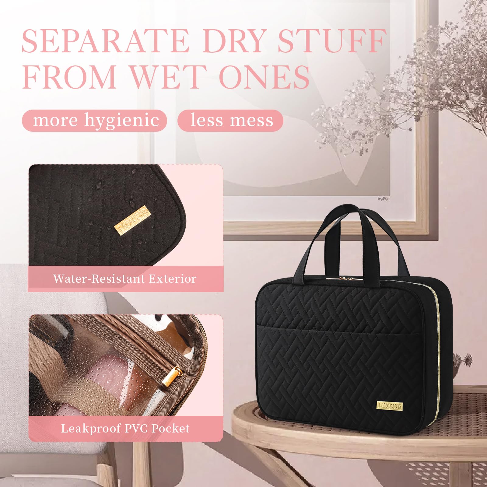 HOTOR Travel Toiletry Bag - Toiletry Bag w/Hanging Hook for Women & Men, Makeup Bag/Big Comparment, Waterproof for Travel Accessories, Travel Essentials, Small, Black - Available at All In One Marketplace Canada