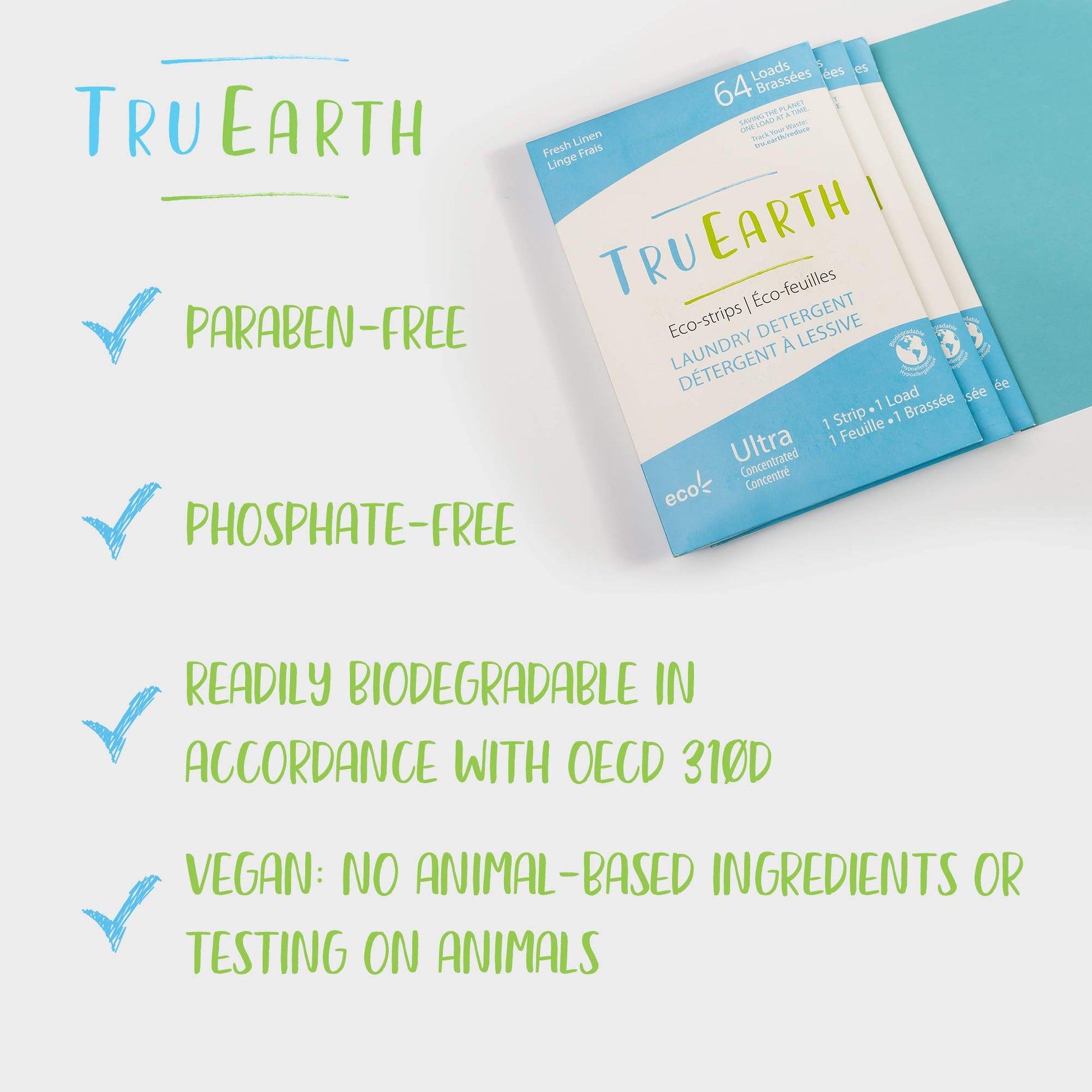 Tru Earth Compact Dry Laundry Detergent Sheets - Up to 128 Loads (64 Sheets) - Paraben-Free - Original Eco-Strip Liquidless Laundry Detergent, Laundry Sheets - Fresh Linen