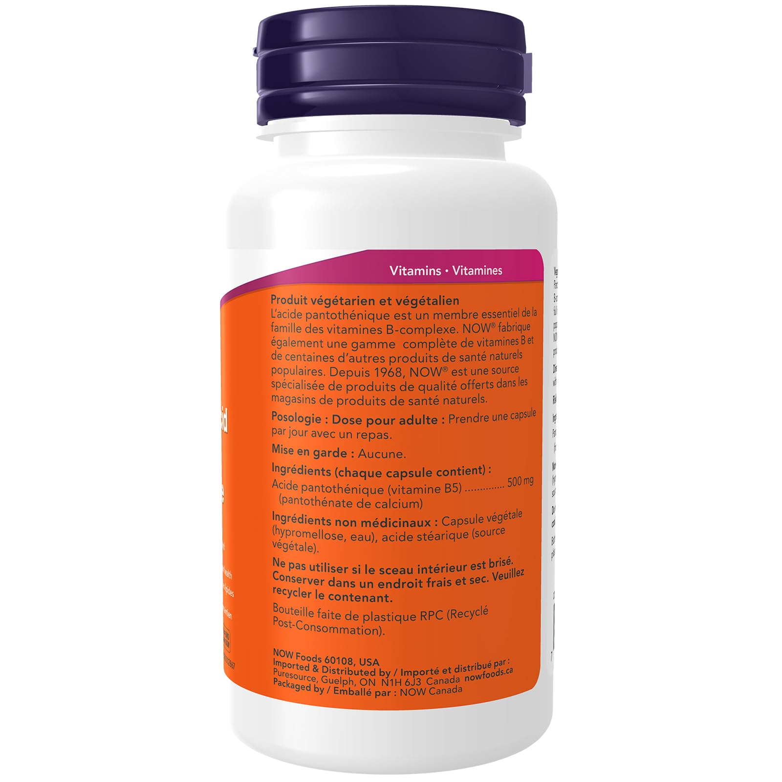 NOW Supplements, Pantothenic Acid (Vitamin B-5) 500 mg, B-Complex Vitamin, 100 Capsules - Available at All In One Marketplace Canada