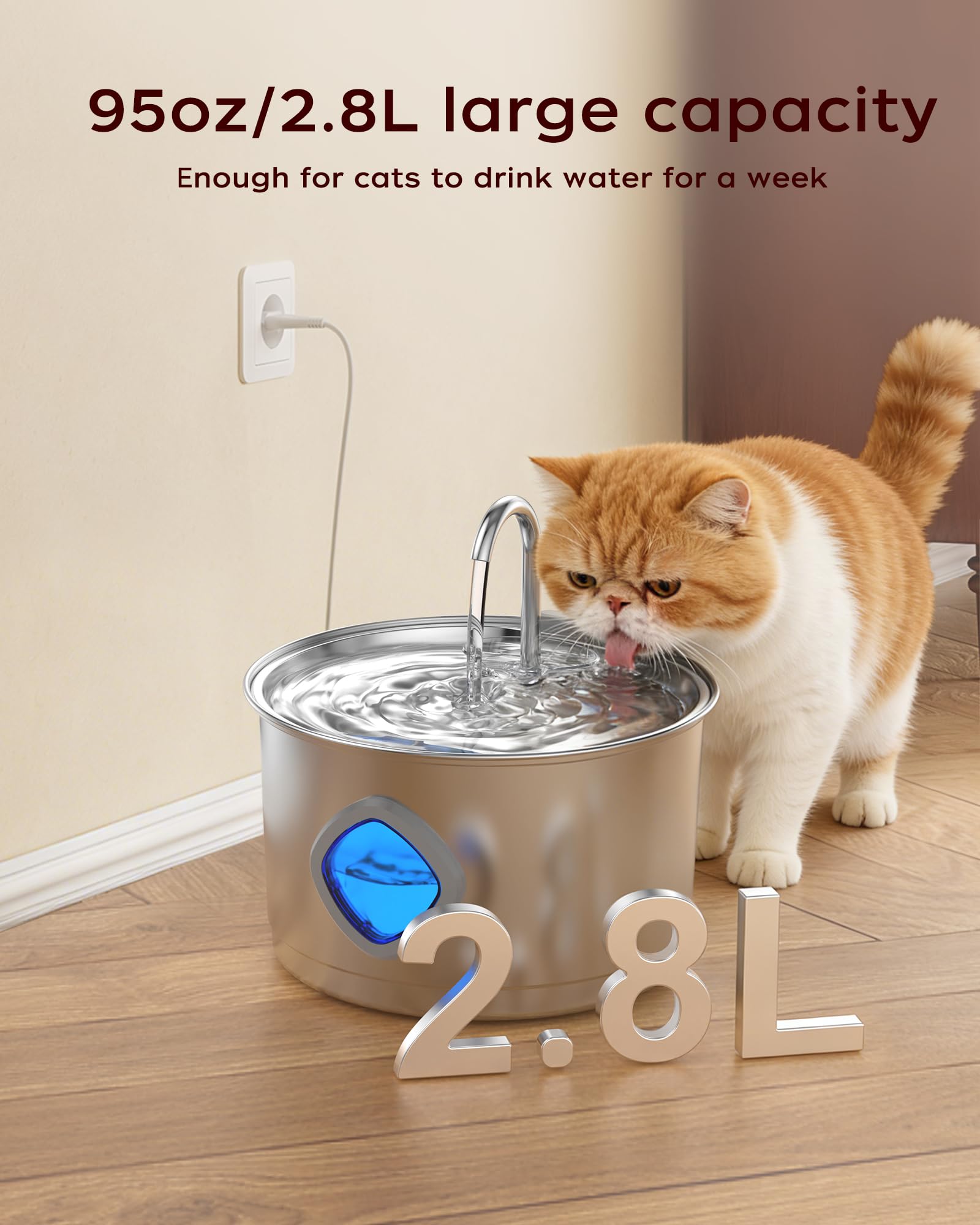 Quiet Cat Water Fountain, 2.8L/94oz Stainless Steel Cat Fountain, Ultra-Silent 25dB Pump, Pet Water Dispenser for Indoor Cats, Easy Clean, Visible Water Level(2.8L,with 2 Filters and 2 Sponges) - Available at All In One Marketplace Canada
