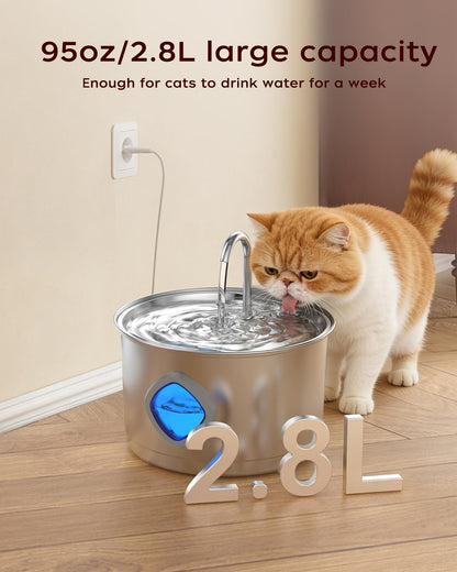 Quiet Cat Water Fountain, 2.8L/94oz Stainless Steel Cat Fountain, Ultra-Silent 25dB Pump, Pet Water Dispenser for Indoor Cats, Easy Clean, Visible Water Level(2.8L,with 2 Filters and 2 Sponges) - Available at All In One Marketplace Canada
