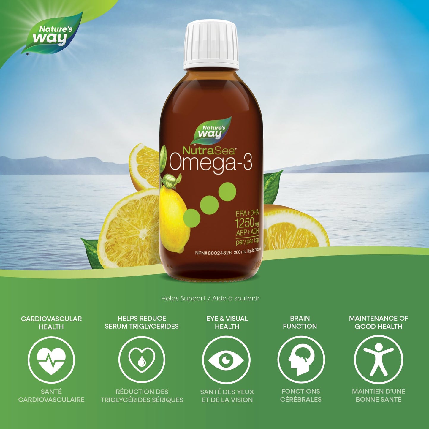 Nature's Way NutraSea Omega 3 Fish Oil Liquid Supplement – Zesty Lemon Flavour, Non-GMO – Heart & Brain Support for Adults and Kids Ages 1+ – 1250mg EPA & DHA, 200 mL