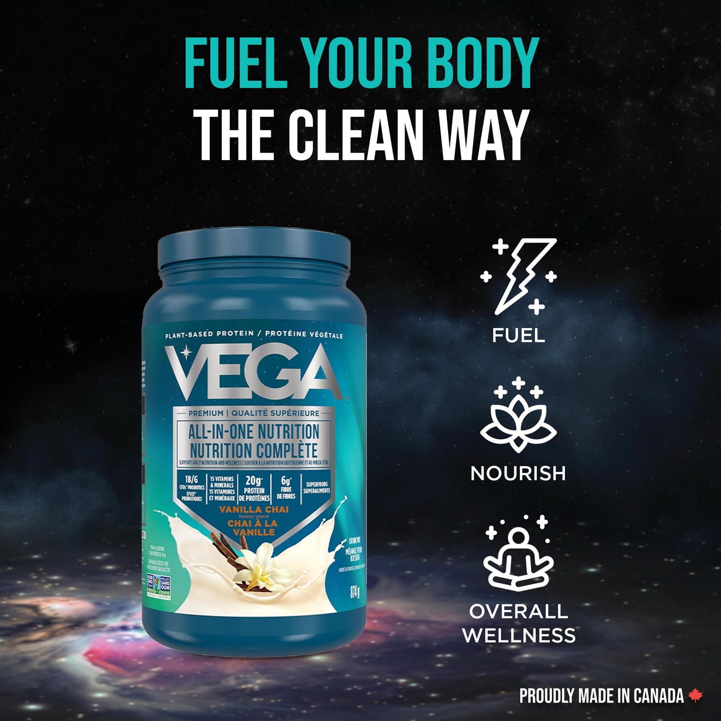 Vega Premium All-in-One Nutrition Protein Powder – 20g Plant-Based Vegan Protein, Vitamins & Probiotics, Vanilla Chai, 874g (18 Servings) 🍁 All In One Marketplace Canada